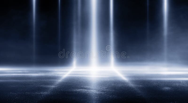 3d făcând abstractă scenă pustie albastru neon searchlight lumina lumina umedă asfalt noaptea fum vector illustration