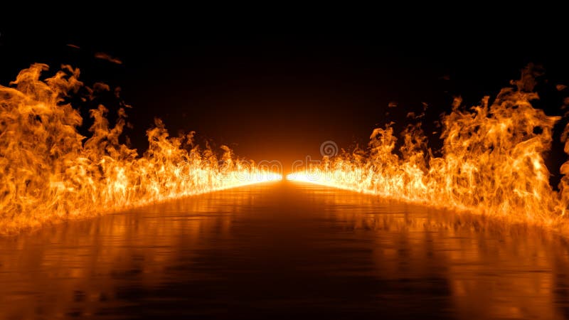 3d făcând ca fundalul negru abstract să fie utilizat pe șosea lungă și umedă, care arde flăcări stock illustration