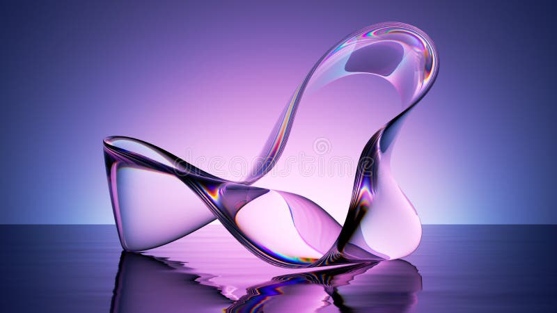 3d făcând din fundalul violet abstract panglica de sticlă curbată și reflexia pe suprafața apei. minimalist modern royalty free illustration