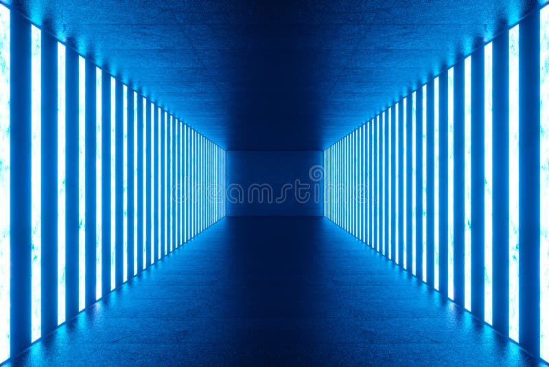 3d făcând din interiorul camerei albastre abstracte cu lămpi cu neon albastru. fundal arhitectură futuristă. mockup pentru vector illustration