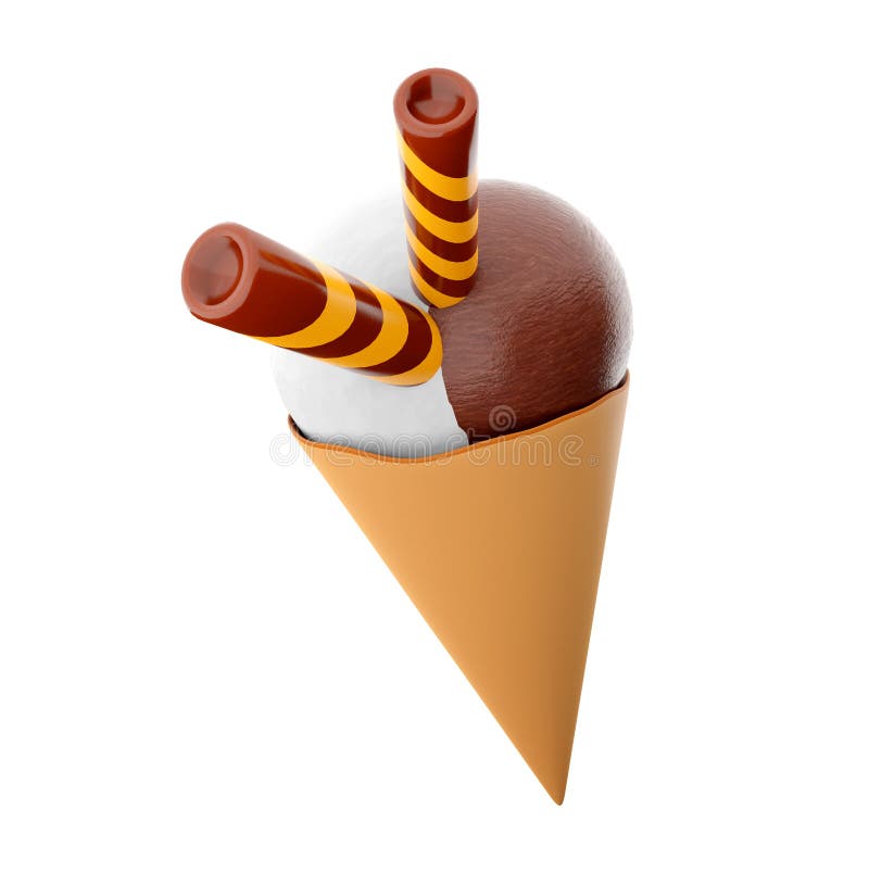 3d făcând inghetata cu trei lingurițe și un con de vafe 3d, dă înghețată cu ciocolată cu banane și lapte royalty free illustration