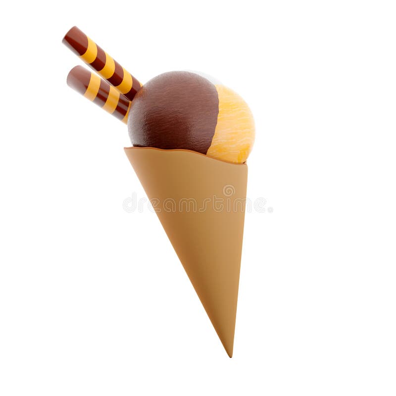 3d făcând inghetata cu trei lingurițe și un con de vafe 3d, dă înghețată cu ciocolată cu banane și lapte royalty free illustration