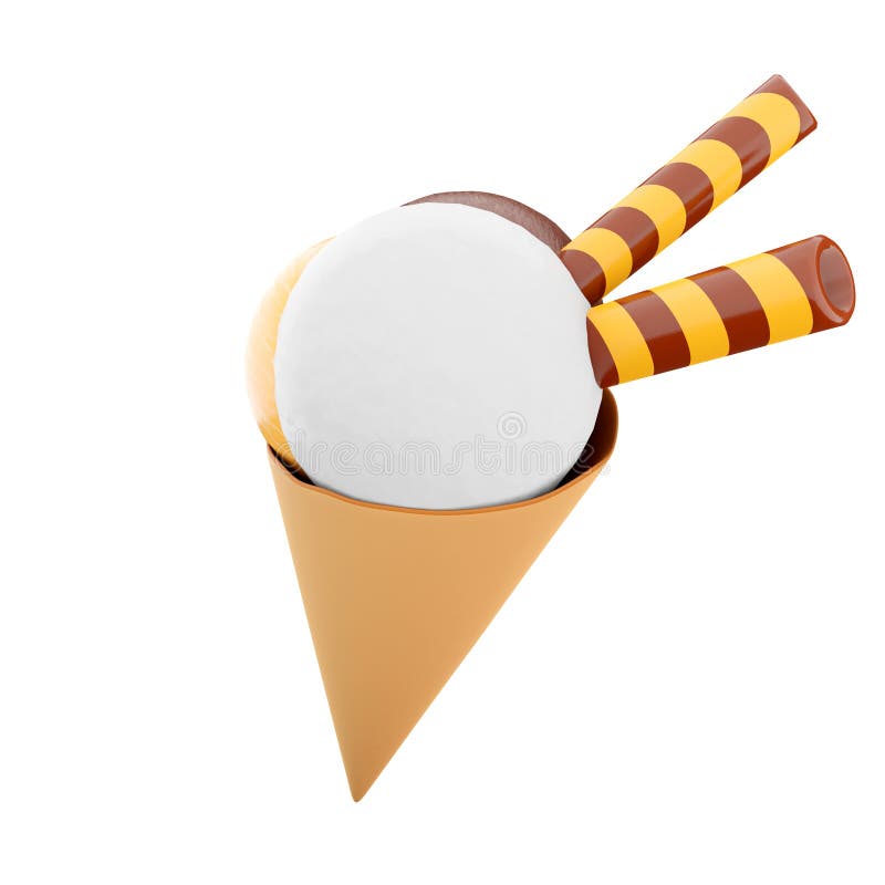 3d făcând inghetata cu trei lingurițe și un con de vafe 3d, dă înghețată cu ciocolată cu banane și lapte royalty free illustration