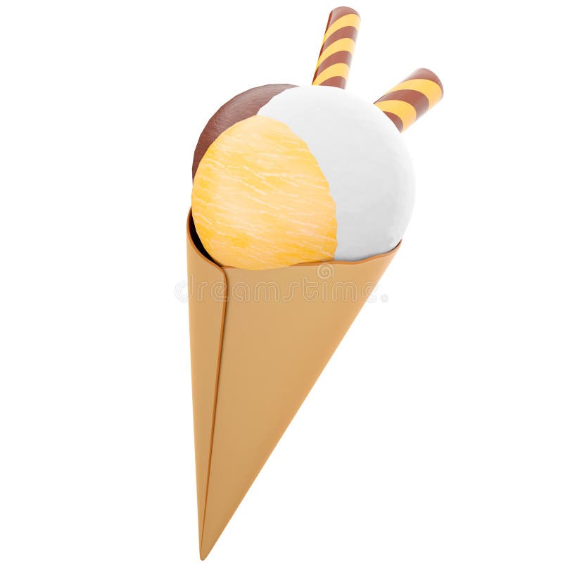 3d făcând inghetata cu trei lingurițe și un con de vafe 3d, dă înghețată cu ciocolată cu banane și lapte vector illustration