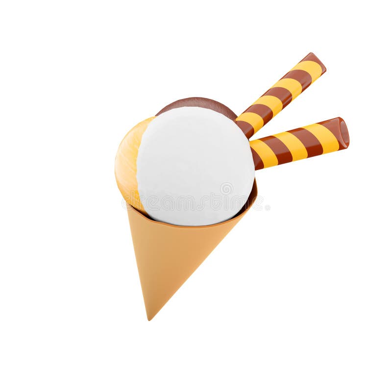 3d făcând inghetata cu trei lingurițe și un con de vafe 3d, dă înghețată cu ciocolată cu banane și lapte royalty free illustration