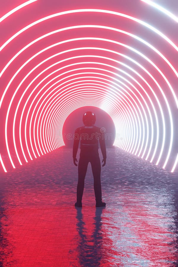 3d făcând un concept fantastic de joc scifi Space Path Alien City. silhouette singuratic astronaut în cască în fața unui stock illustration