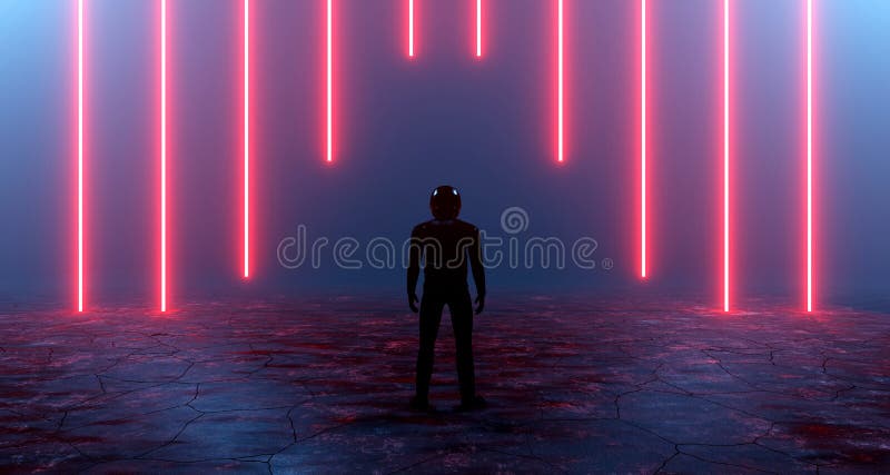 3d făcând un peisaj fantastic un om singuratic un astronaut într-o cască în fața liniilor luminoase neon verticale. conceptul royalty free illustration