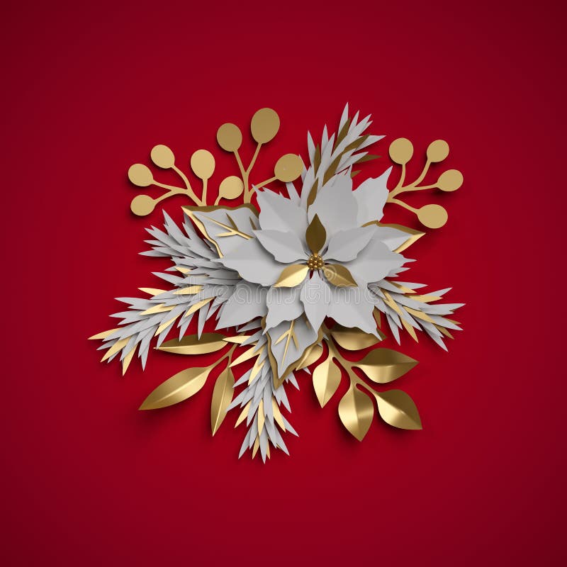 3d render, Christmas flowers, festive bouquet, poinsettia, flat paper craft clip art isolated on red background. 3d render, Christmas flowers, festive bouquet, poinsettia, flat paper craft clip art isolated on red background