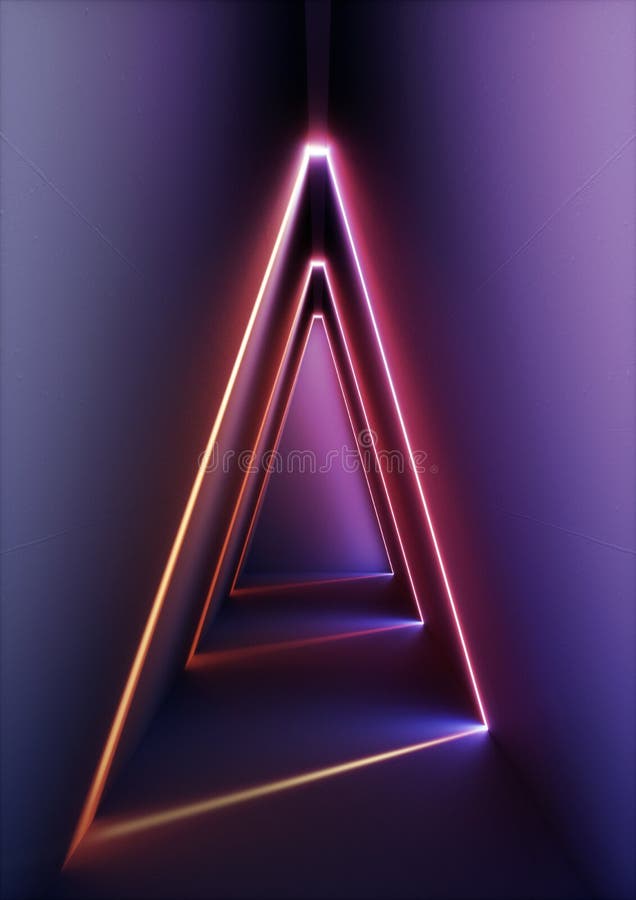 3d geef, moderne abstracte geometrische achtergrond, minimalistic ruimte binnenlands, glanzend neonlicht, lege driehoekige showca stock illustratie 3d geef, moderne abstracte geometrische achtergrond, minimalistic ruimte binnenlands, glanzend neonlicht, lege driehoekige showca stock illustratie