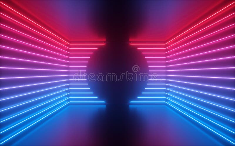 3d render of red blue neon lines, round shape inside empty room, virtual space, ultraviolet light, 80`s style, retro disco club interior, fashion show stage, abstract background. 3d render of red blue neon lines, round shape inside empty room, virtual space, ultraviolet light, 80`s style, retro disco club interior, fashion show stage, abstract background