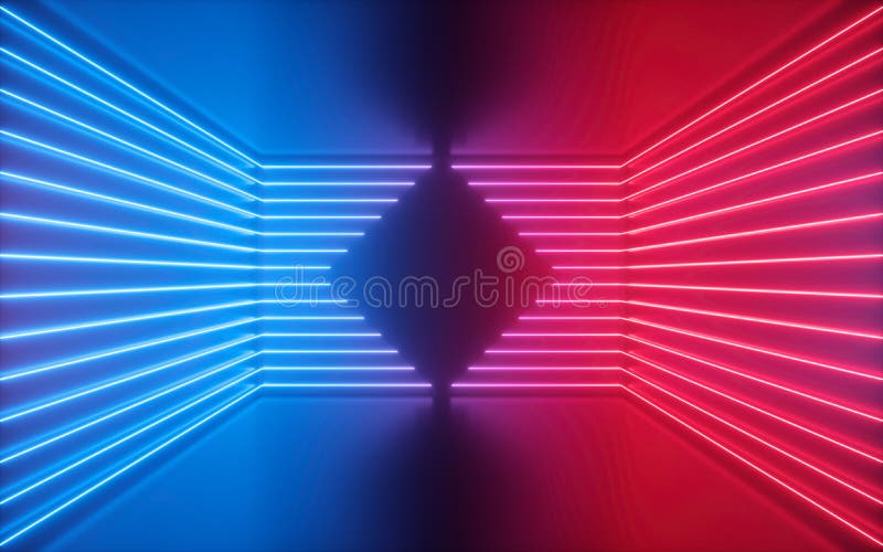 3d render of red blue neon lines, rhombus shape inside empty room, virtual space, ultraviolet light, 80`s style, retro disco club interior, fashion show stage, abstract background. 3d render of red blue neon lines, rhombus shape inside empty room, virtual space, ultraviolet light, 80`s style, retro disco club interior, fashion show stage, abstract background