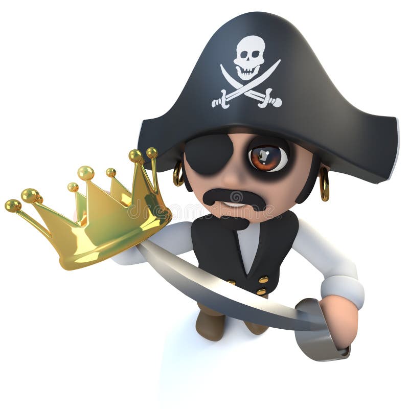 3d geef van een grappig de kapiteinskarakter die van de beeldverhaalpiraat een gouden kroon houden terug vector illustratie 3d geef van een grappig de kapiteinskarakter die van de beeldverhaalpiraat een gouden kroon houden terug vector illustratie