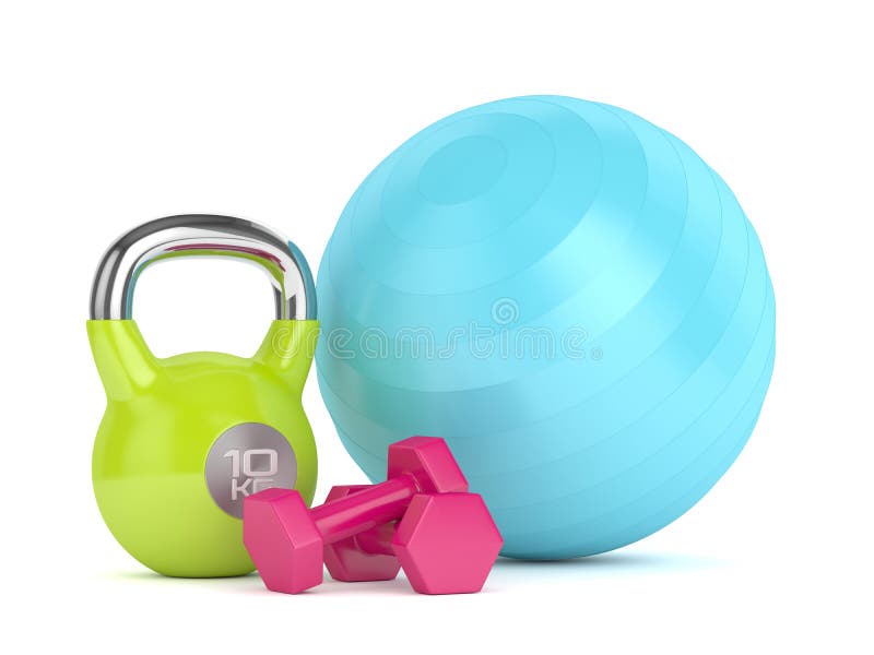 3d geef van kettlebell, geschiktheidsbal en domoren terug royalty-vrije illustratie
