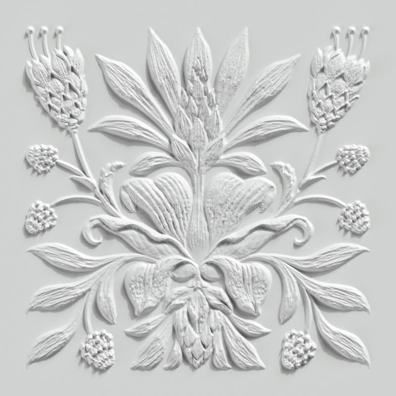 3d render, white floral carving, gypsum wall decor, carved stone tile, botanical pattern, medieval ornament, alabaster plaster texture, tropical flowers and leaves motif. 3d render, white floral carving, gypsum wall decor, carved stone tile, botanical pattern, medieval ornament, alabaster plaster texture, tropical flowers and leaves motif