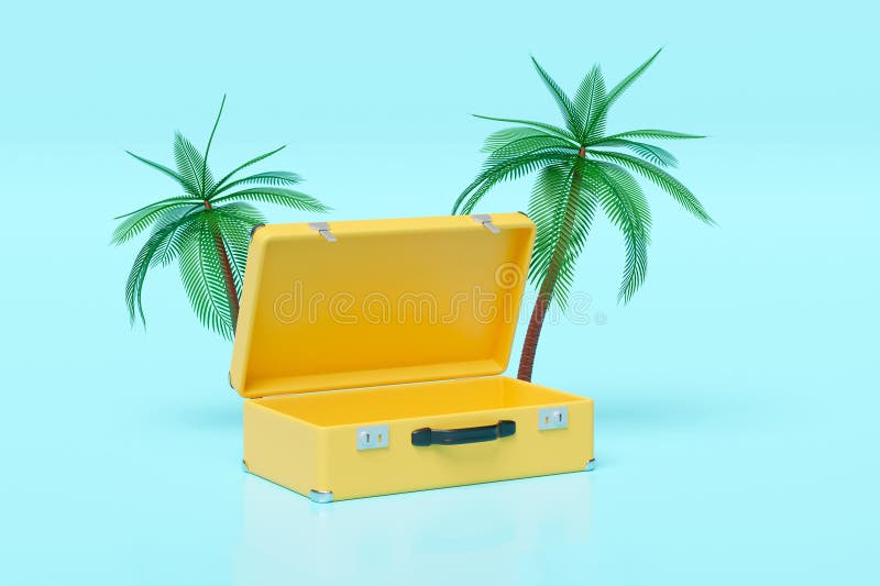 3D gelber offener Koffer leer mit Palme isoliert auf blauem Hintergrund. Sommerreisekonzept 3d Darstellung lizenzfreie abbildung