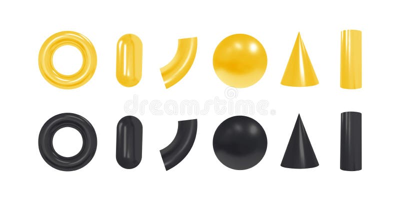 Vector 3d Geometric Objects. Isolated Black and Yellow Shapes Stock