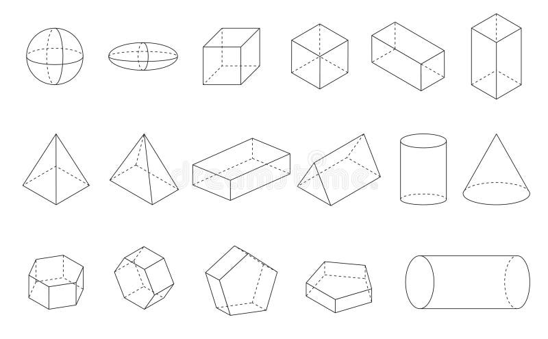3d Geometric shape lines sphere, ellipsoid, square, rectangle, pyramid, cylinder, pentagon, hexagon and prism stock illustration