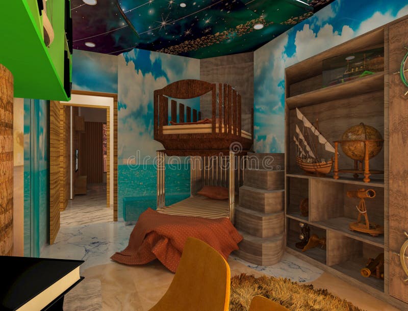 3d gerendert Schiff Thema Kinder Schlafzimmer. Thema Interieur für Kinder genießen.