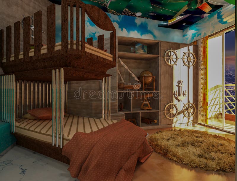 3d gerendert Schiff Thema Kinder Schlafzimmer. Thema Interieur für Kinder genießen lizenzfreie abbildung
