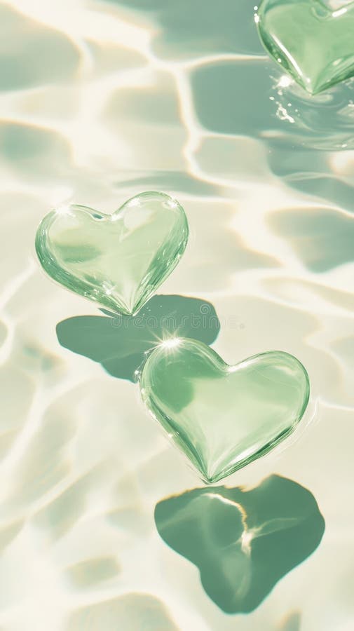 3d Glass hearts delicately floating on rippling water valentine love, bathed in soft golden light background, conveying royalty free illustration