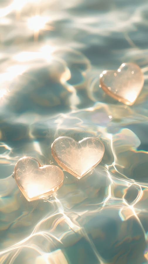 3d Glass hearts delicately floating on rippling water valentine love, bathed in soft golden light background, conveying stock illustration