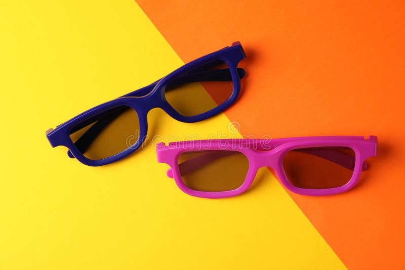 3d glasses on two tone background, space for text