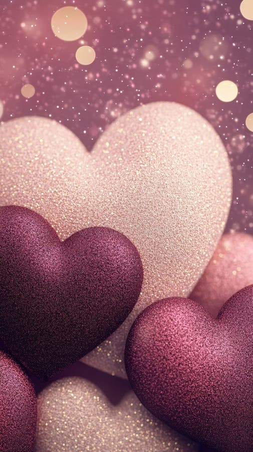 3d Glittering hearts in pink, gold, red floating valentine love over shimmering burgundy backdrop, abstract evoking vector illustration