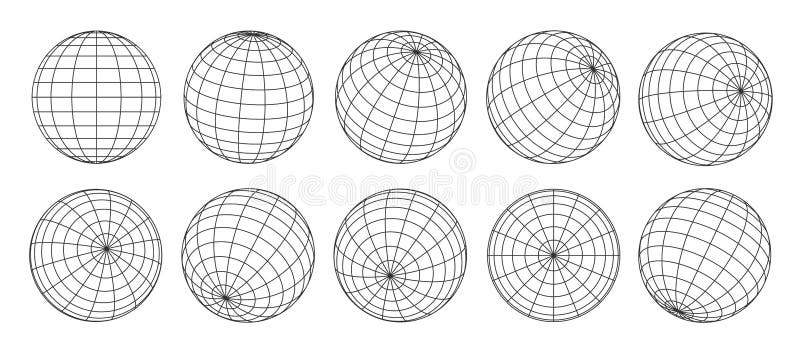 3d globe grid, planet sphere and ball wireframe