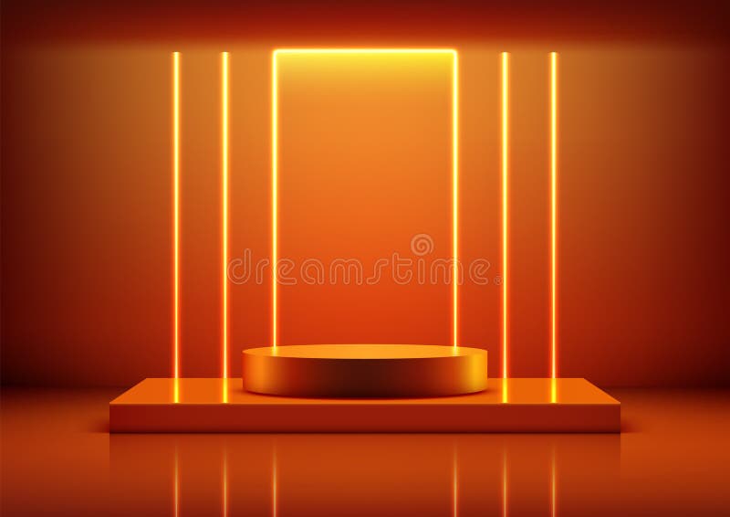 3D Glowing Orange Podium med Neon Lines Futuristic Technology Concept for Product Display vektor illustrationer