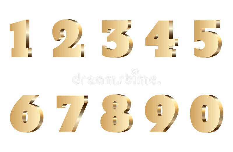 3d gold number set. Isolated golden metal font 1 2