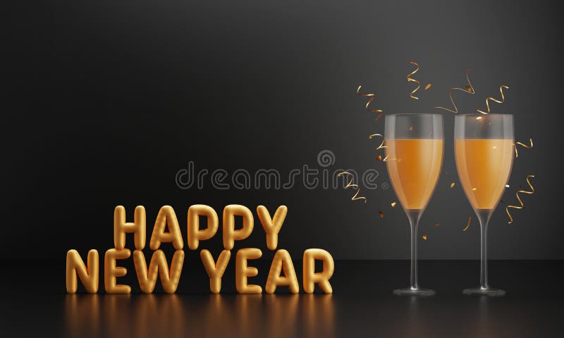 3D Golden Happy New Year Font With Drink Glass And Curl Confetti Ribbon Against Black royalty free illustration