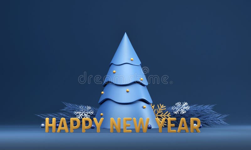 3D Golden Happy New Year Text With Xmas Tree, Snowflakes And Fir Leaves On Blue royalty free illustration
