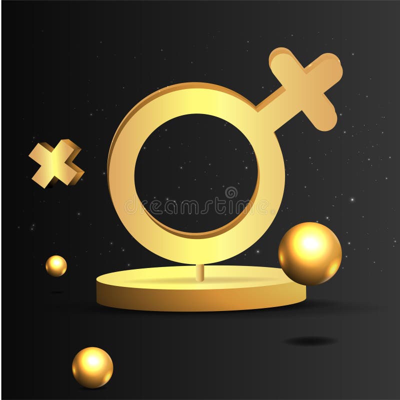 3d Golden Realistic Gender Women Symbol With Flying Geometric Figures Creative Design Of Female