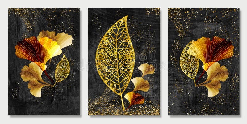 3d golden tree leaves in modern painting background. wall frame home decor. wall frame decor