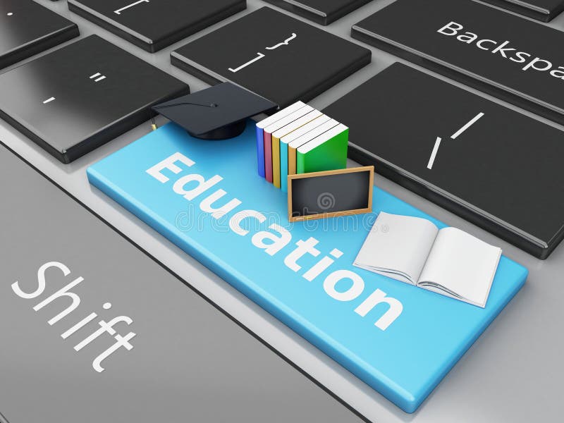 3d graduation cap, books and blackboard on computer keyboard. 3d renderer illustration. Education concept.