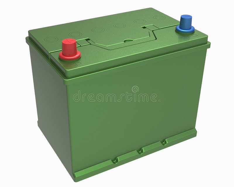 3D Green Car Battery with Red and Blue Terminals on White Stock