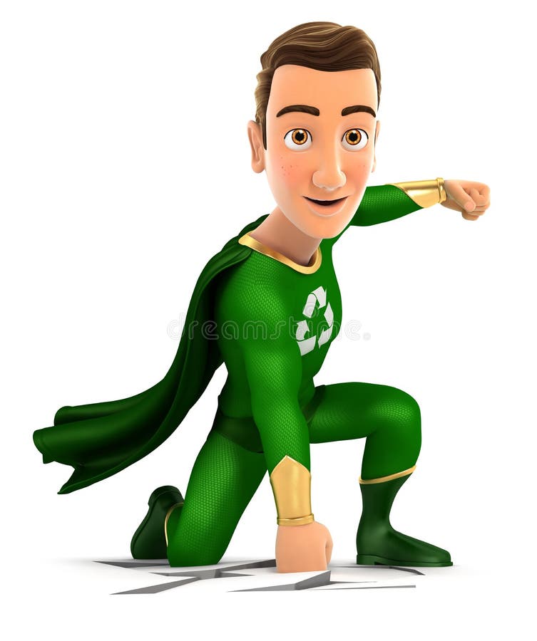 3d Green Hero Arriving on the Earth Stock Illustration