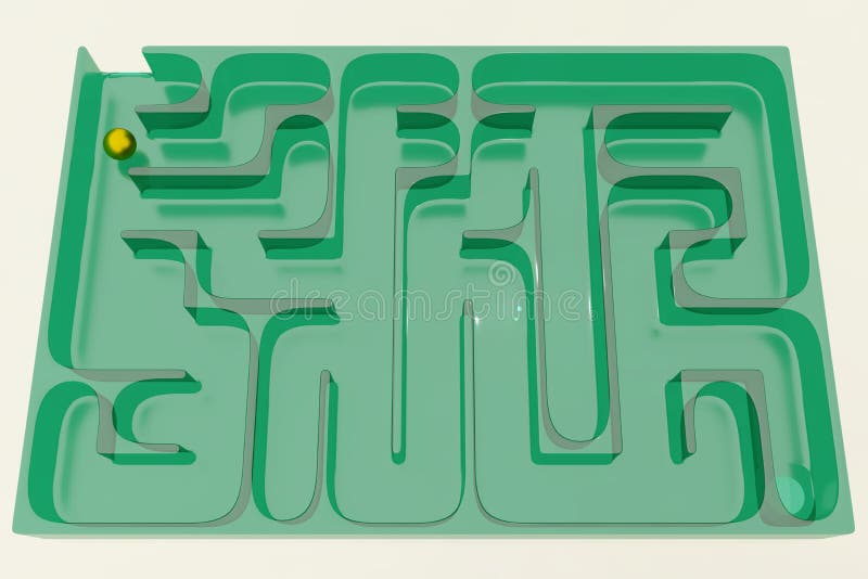 3d green maze with rounded corners paths with gold ball in top and finishing hole in bottom. Logical solution to upcoming task