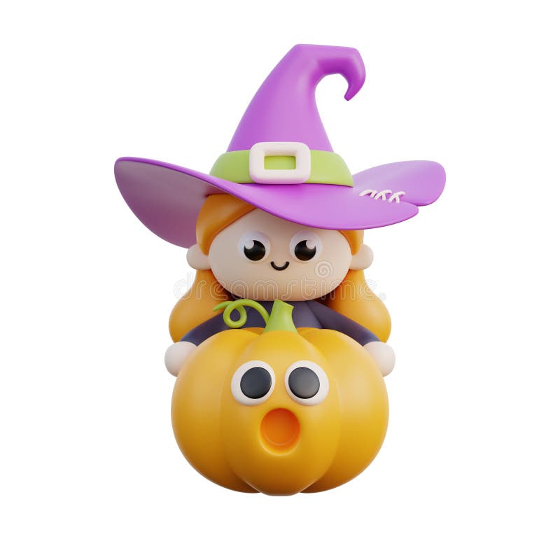 3d halloween-söt häxkarikatyr med pumptrick eller behandla festen på helgdag 3d-rendering.