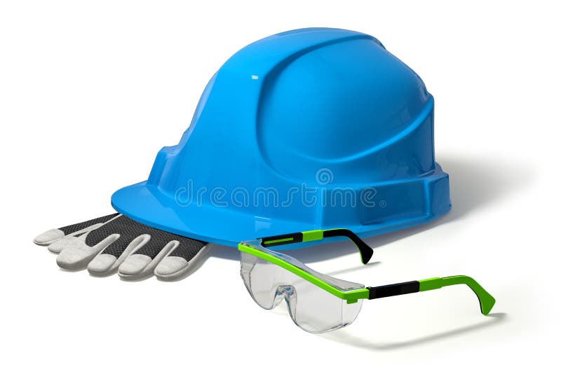 3d helm van de illustratiebouw, werkende handschoenen, veiligheidsbril Geïsoleerde Blauw en groen stock illustratie 3d helm van de illustratiebouw, werkende handschoenen, veiligheidsbril Geïsoleerde Blauw en groen stock illustratie