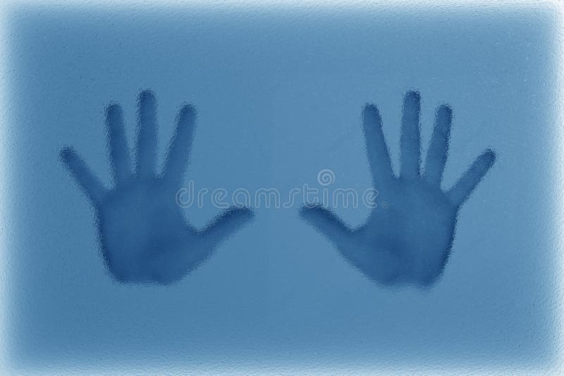 3d het teruggeven Menselijke palm die tegen het in reli?f gemaakte glas in blauwe tonen leunen royalty-vrije illustratie 3d het teruggeven Menselijke palm die tegen het in reli?f gemaakte glas in blauwe tonen leunen royalty-vrije illustratie