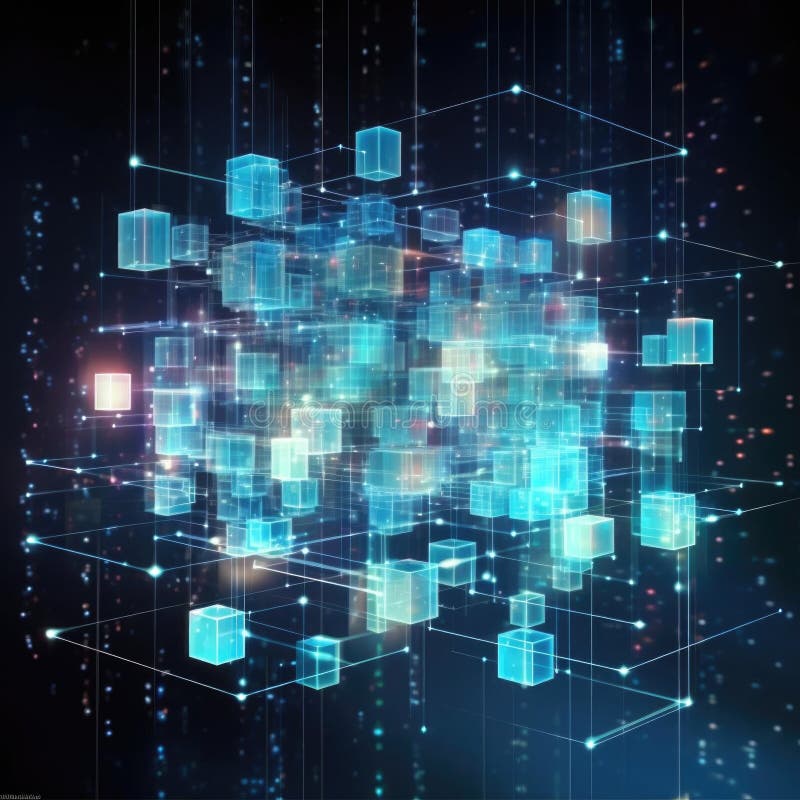 3D Hi-Tech Cube. Big Data Cube Quantum Computer Server Concept Background. Light Dots with Depth of Field Effect. Data royalty free illustration