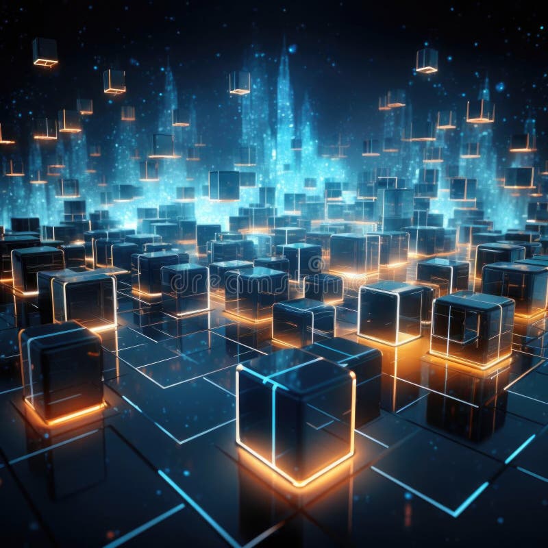3D Hi-Tech Cube. Big Data Cube Quantum Computer Server Concept Background. Light Dots with Depth of Field Effect. Data vector illustration