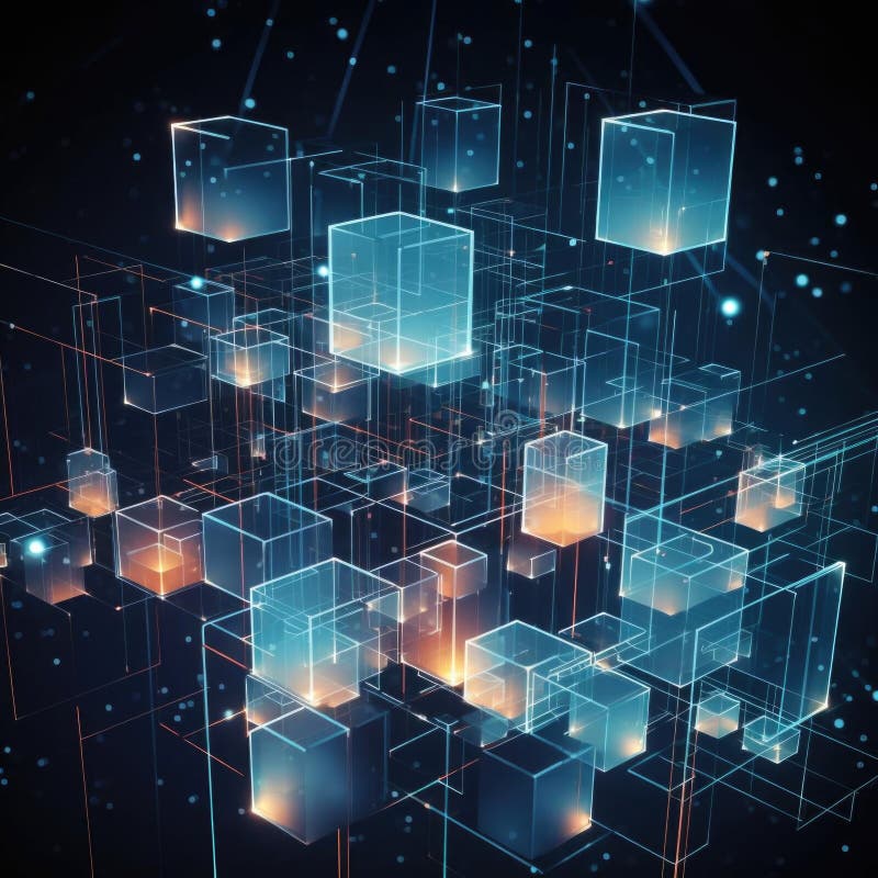 3D Hi-Tech Cube. Big Data Cube Quantum Computer Server Concept Background. Light Dots with Depth of Field Effect. Data royalty free illustration