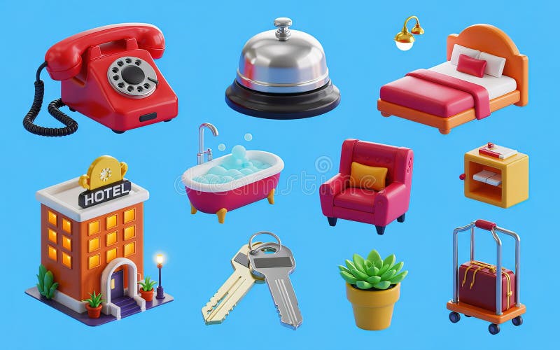 3D Hotel Amenities Retro Phone Bell Bathtub Keys Łóżko fotel na niebieski ilustracji