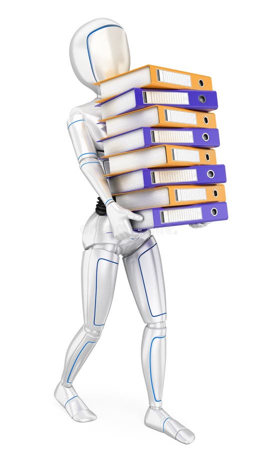 3D Humanoid robota ładowanie z wiele ringowymi segregatorami Pracy przeciążenie royalty ilustracja