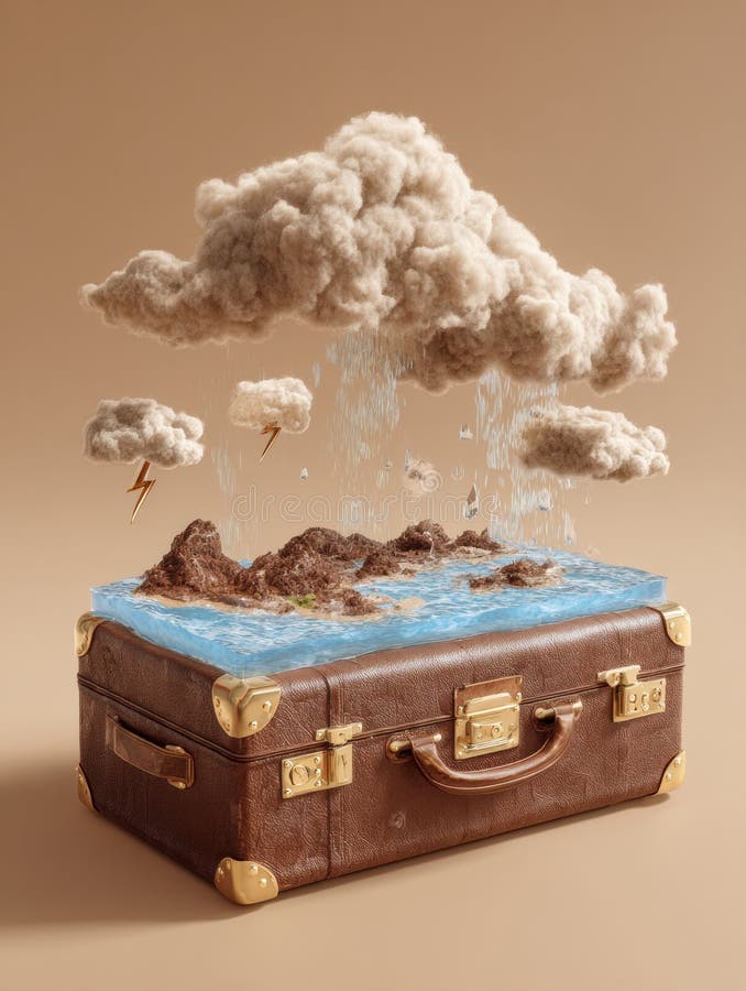 D hyperreal suitcase with floating weather elements and a protective barrier showing rain lightning in cinematic lighting displays royalty-vrije stock fotografie