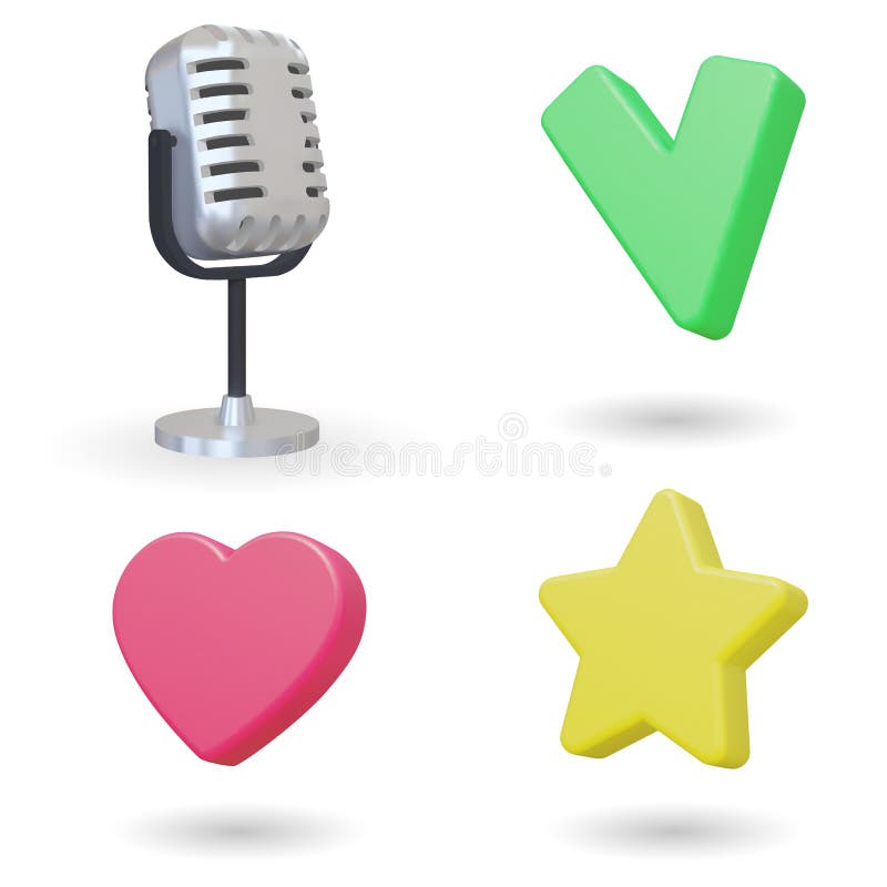 Set of 3d icon isolated on white background. Silver microphone, yellow star, red hart. Vector illustration. Set of 3d icon isolated on white background. Silver microphone, yellow star, red hart. Vector illustration