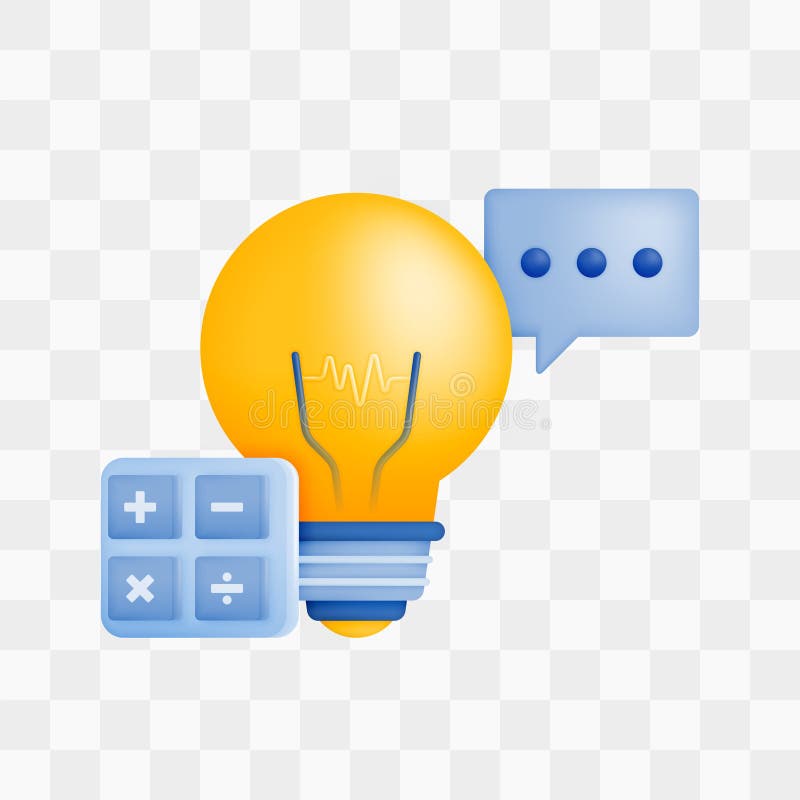 3d icon realistic render style of lamp or bulb with calculator and balloon chat, metaphor of communication and dialogue managing stock illustration