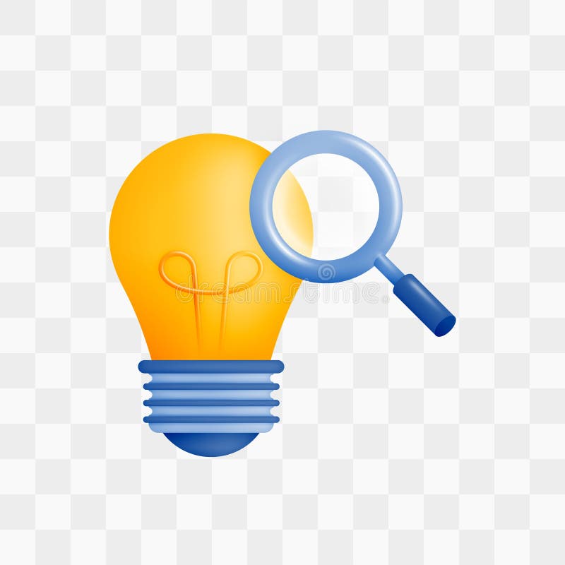 3d icon realistic render style of lamp or bulb inverted with magnifying glass, metaphor of looking for ideas or thoughts royalty free illustration